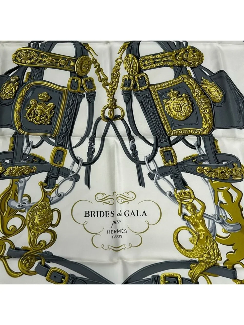 Hermes Scarf Carre 90 Ivory Light Blue Multi Brides de Gala